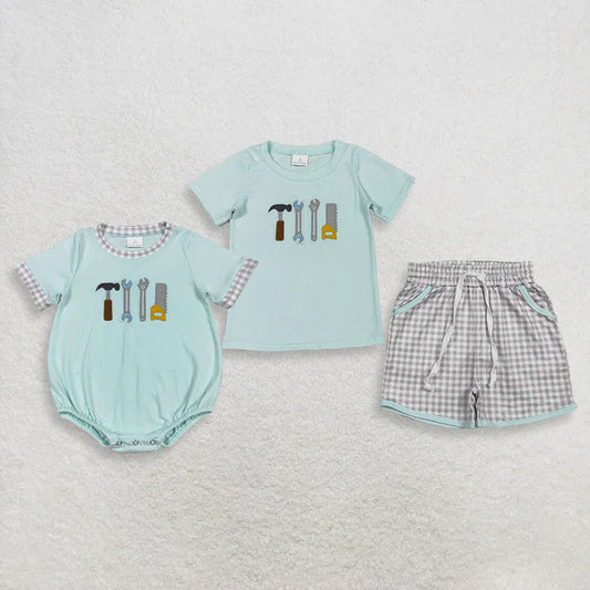 Sibling Baby Boys Embroidery Tools Top Checked Pockets Short Clothes Set Rompers