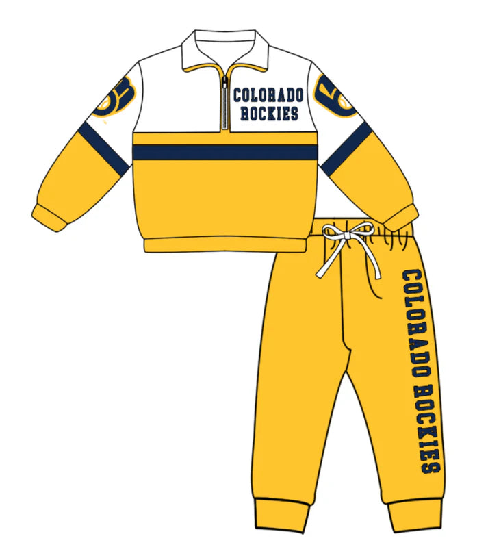 Preorder (moq 5)Baby Boys Yellow Colobado Bockies Zipper Pullover Jogger Pants Team Clothes Set 1.6