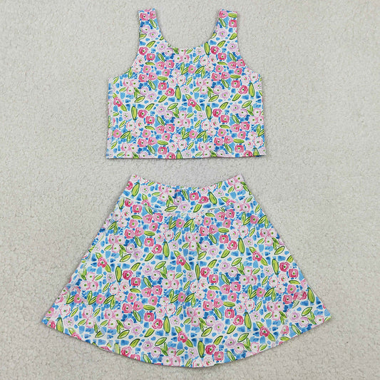 Baby Girls Dress Blue Flowers Athletic Active Wear Top Shorts Skirts Tennise Outfits GSD1988