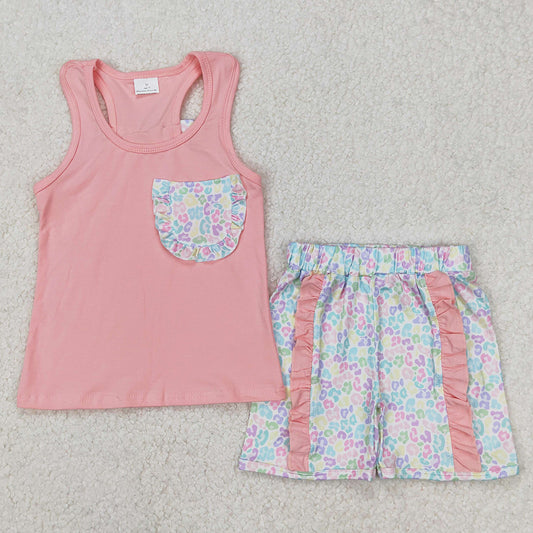 Baby Girls Clothes Pink Pocket Bow Vest Ruffle Leopard Shorts Sets GSSO1783 3.19
