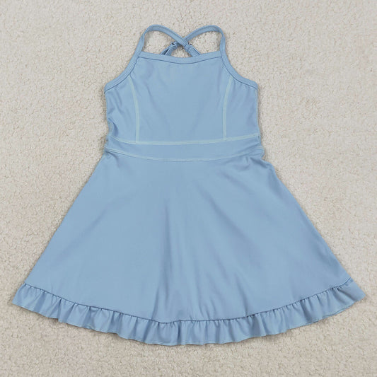 Baby Girls Dress Light Blue Strap Yoga Active Shorts Ruffle Knee Length Dresses S0713