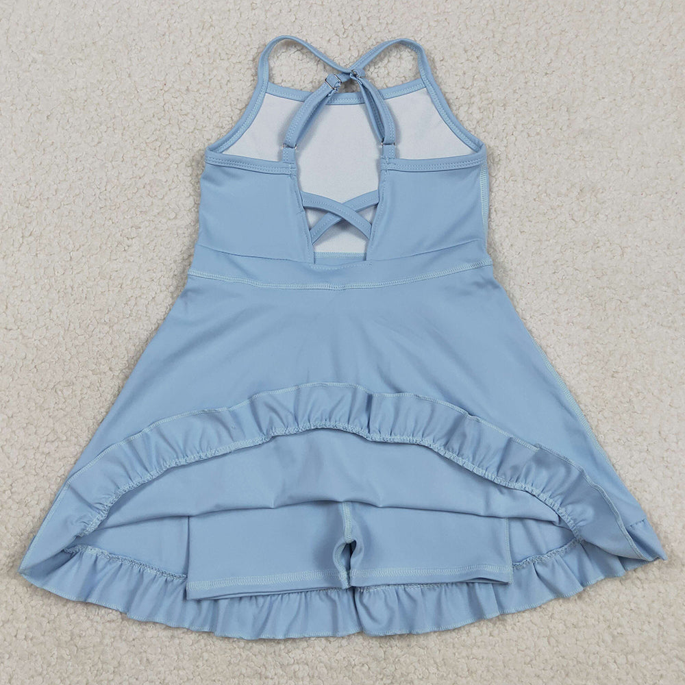 Baby Girls Dress Light Blue Strap Yoga Active Shorts Ruffle Knee Length Dresses S0713