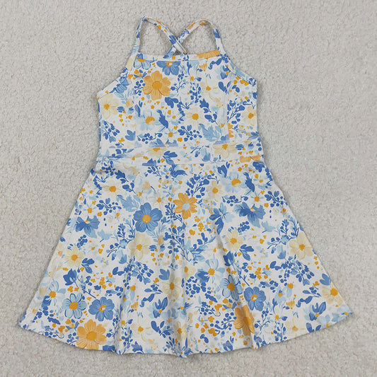 Baby Girls Dress Strap Colorful Flowers Yoga Active Shorts Ruffle Knee Length Dress GSD3565