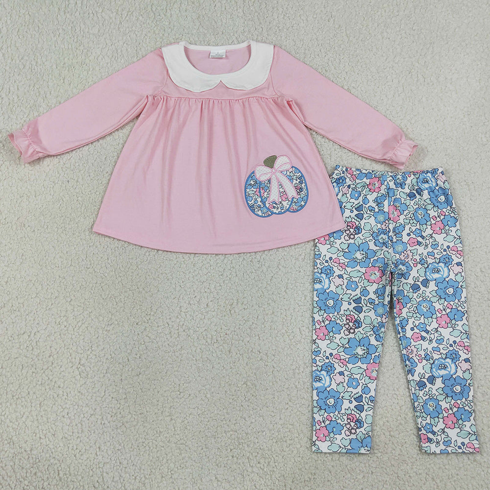 Baby Girls Clothes Embroidery Flowers Pumpkins Collar Tunic Leggings Fall Clothes Sets GLP3319