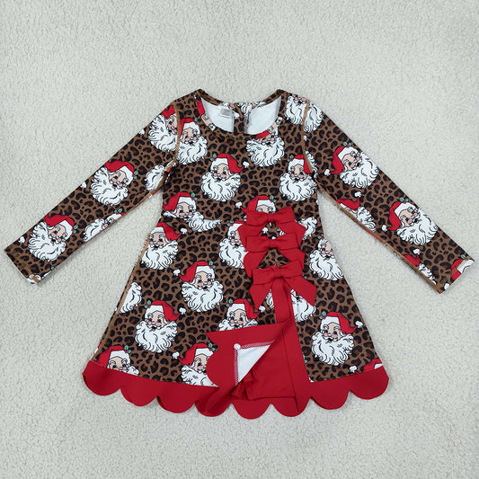 Baby Girls Dress Leopard Santa Short Christmas Bows Scallop Yoga Active Knee Length Dress GLD1679