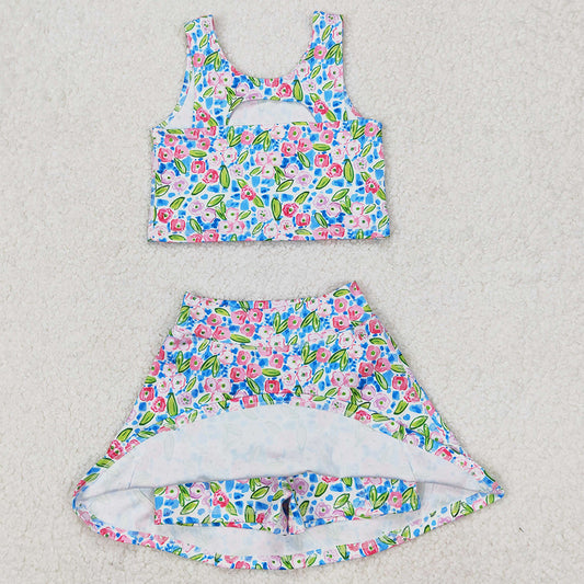 Baby Girls Dress Blue Flowers Athletic Active Wear Top Shorts Skirts Tennise Outfits GSD1988