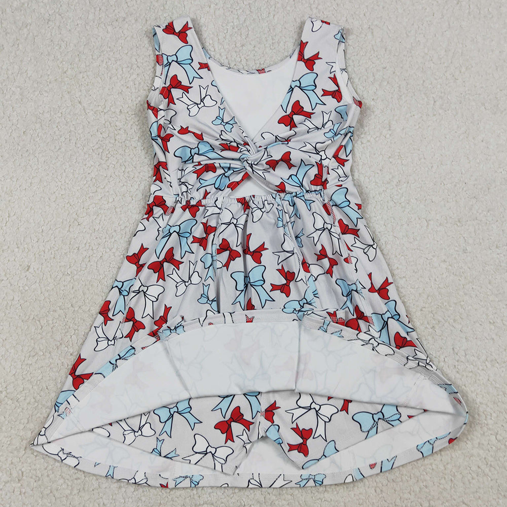 Baby Girls Dress Red Blue Bows Yoga Active 4th of July Shorts Knee Length Dress GSD3752