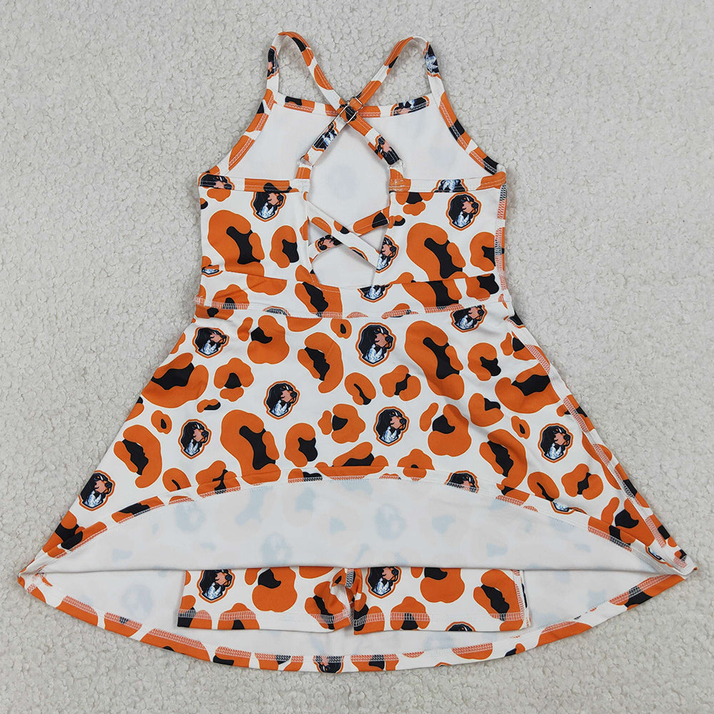 Baby Girls Dress Strap Orange Leopard Dogs Team Yoga Active Shorts Knee Length Dress GSD3634