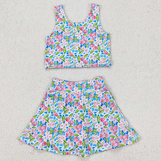 Baby Girls Dress Blue Flowers Athletic Active Wear Top Shorts Skirts Tennise Outfits GSD1988