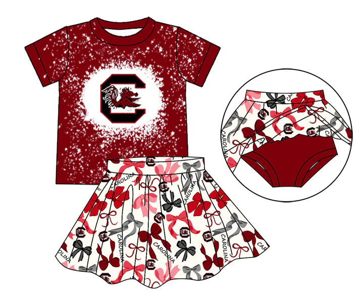 Preorder moq 5 maroon bleached top bow skirt girls team outfits 8.26