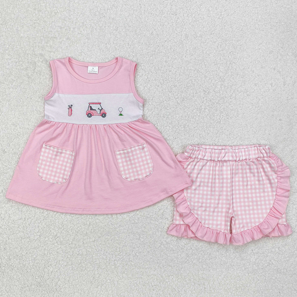 Baby Girls Clothes Pink Golf Carts Tunic Ruffle Shorts Clothing Sets GSSO1554