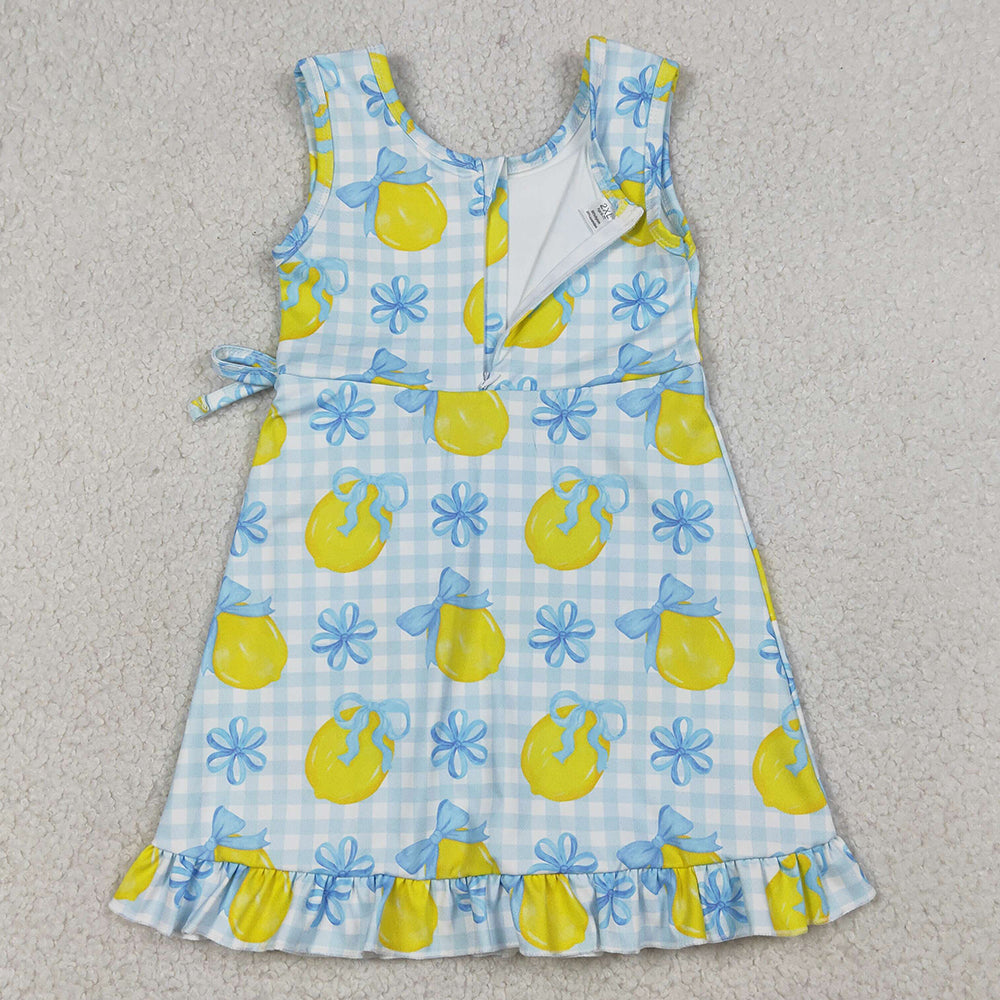 Baby Girls Dress Blue Checked Bow Lemons Back Zip Yoga Active Shorts Ruffle Knee Length Dress GSD3684
