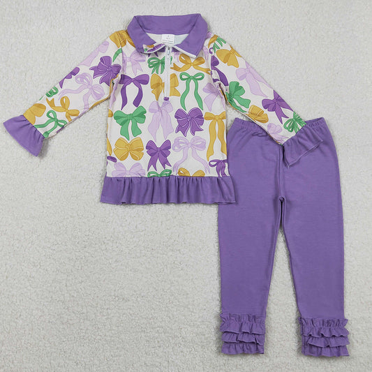 Baby Girls Clothes Mardi Gras Bows Zipper Pullover Ruffle Legging Clothes Sets GLP2823 11.21