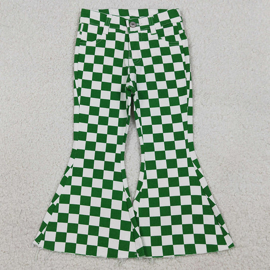Baby Girls Jeans Green White Checked Pockets Denim Bell Bottom Pants P0841