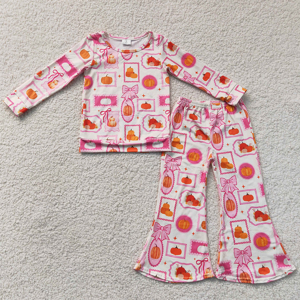 Baby Girls Clothes Bows Pumpkins Checked Top Flare Pant Fall Clothes Sets GLP3405