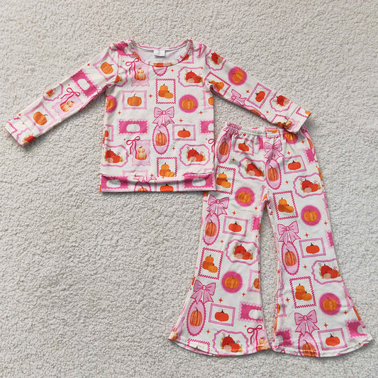 Baby Girls Clothes Bows Pumpkins Checked Top Flare Pant Fall Clothes Sets GLP3405