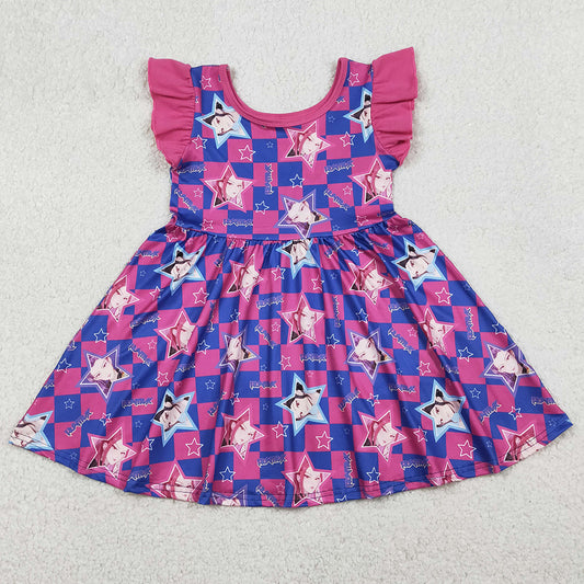Baby Girls Dress Hot Pink Checked Stars Demon Hunter Knee Length Dresses GSD3284 1.12