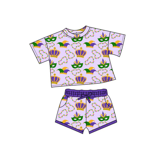 Preorder(moq 5) Baby Girls Mardigras Short Sleeve Anchors Masks Top Pockets Shorts Clothes Sets 10.10