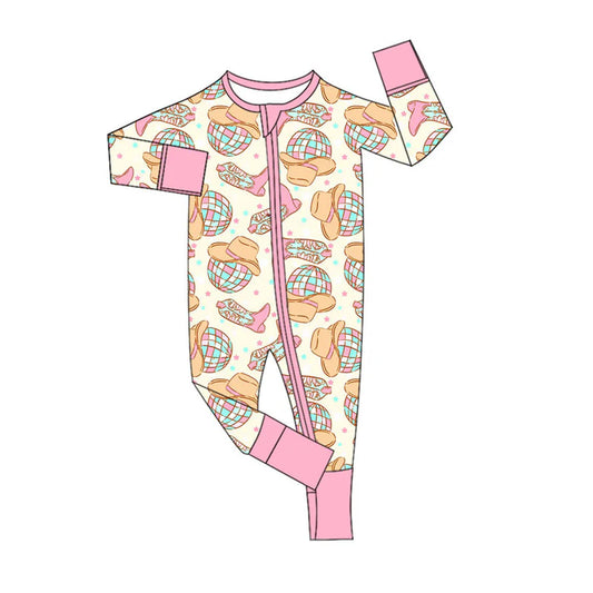 Preorder (moq 5)Baby Boys Pink Howdy Hats Boots Western Zipper Footie Rompers 10.18