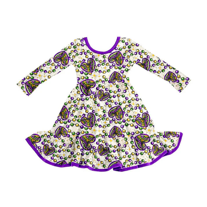 Preorder (moq 8)Baby Girls Leopard Hearts Checked Mardigras Ruffle Knee Length Dresses 9.9