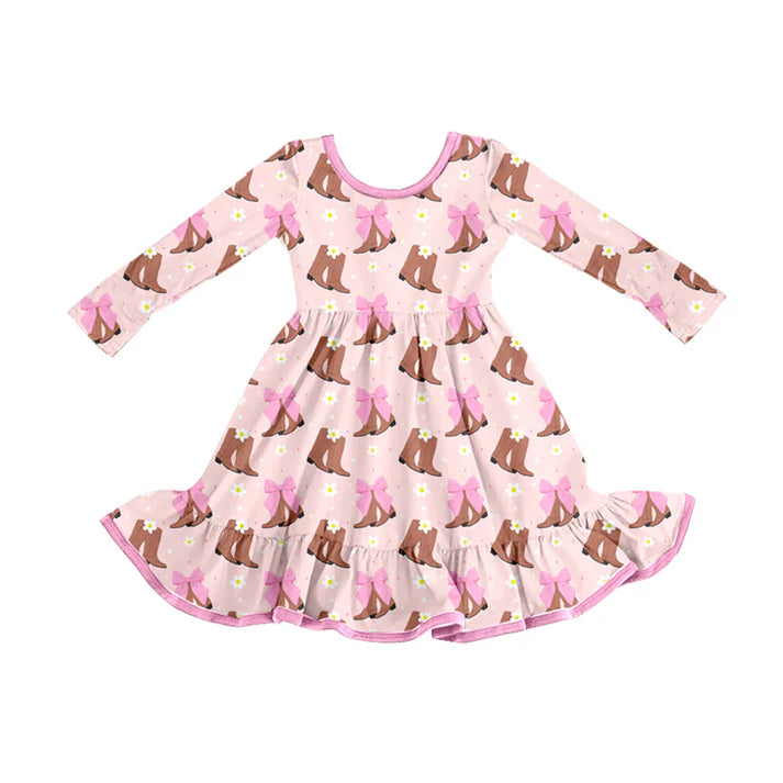 Preorder (moq 5)Baby Girls Western Boots Bows Ruffle Knee Length Dresses 8.7