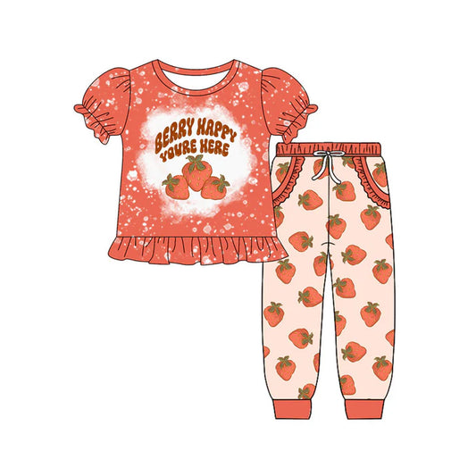 Preorder(moq 5) Baby Girls Berry Happy Ruffle Top Pockets Joggers Clothes Sets 10.18