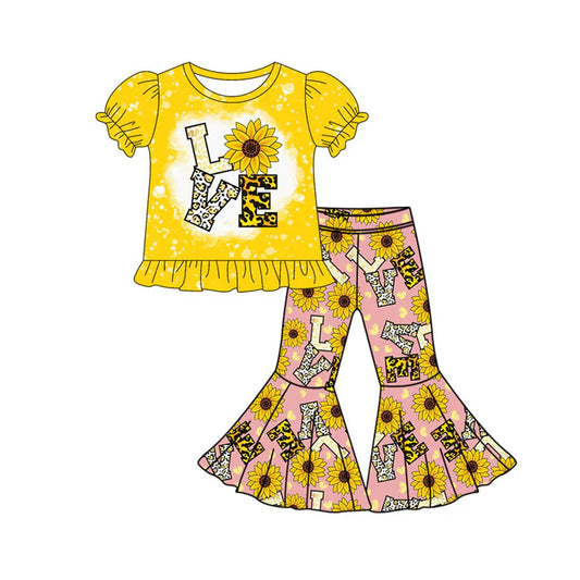 Preorder(moq 5) Baby Girls Love Sunflowers Top Bell Bottom Pants Valentine Clothes Sets 10.15