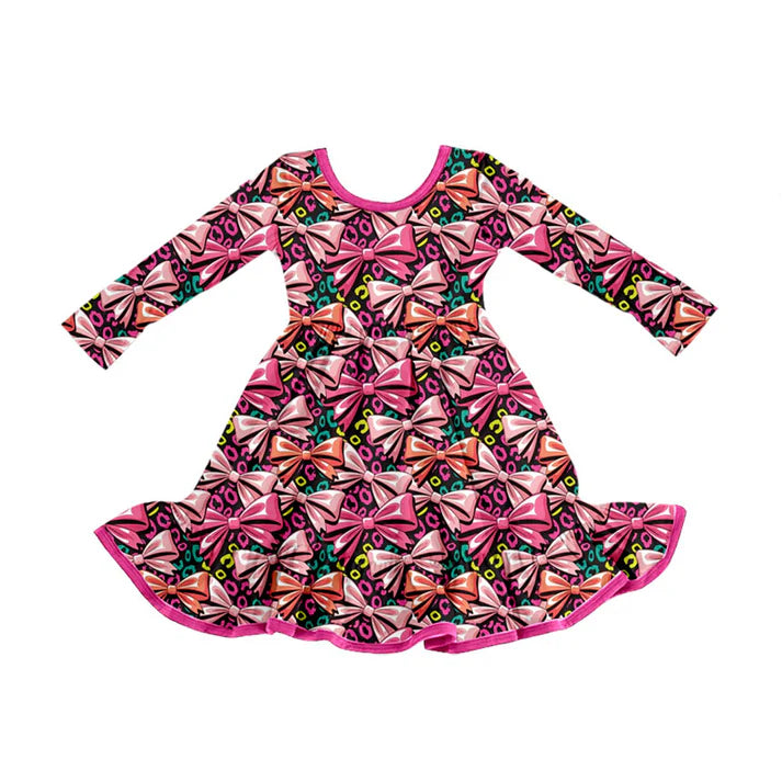 Preorder (moq 5)Baby Girls Colorful Leopard Bows Ruffle Knee Length Dresses 9.4
