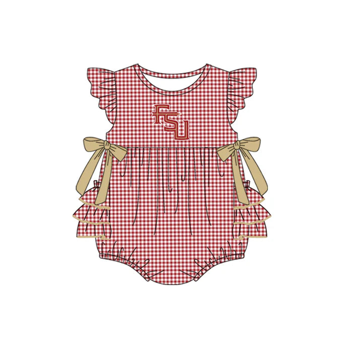 Preorder moq 5 Baby Girls Red Plaid Flutter Sleeves Bows FSU Team Rompers 7.10
