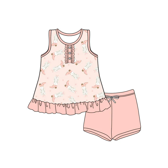 Preorder (moq 5)Baby Girls Peach Sleeveless Button Boots Stars Tunic Short Set 4.25