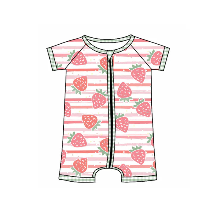 Preorder (moq 5)Baby Boys Short Sleeves Pink Stripe Strawberry Zipper Rompers 4.26