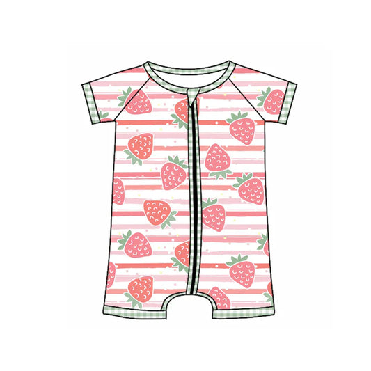 Preorder (moq 5)Baby Boys Short Sleeves Pink Stripe Strawberry Zipper Rompers 5.14