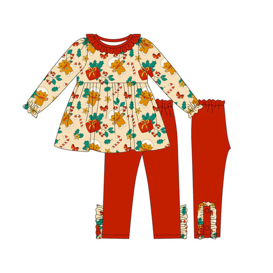 Preorder (moq 5)Baby Girls Long Ruffle Sleeves Gingerbread Candy Cane Tunic Legging Pant Sets 6.10