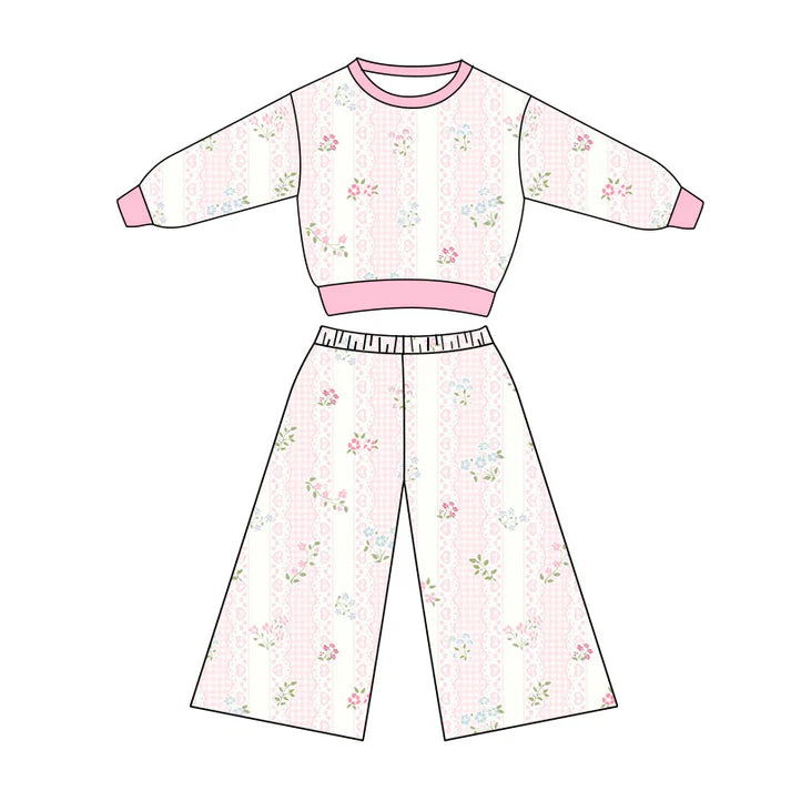 Preorder(moq 5) Baby Girls Long Sleeve Hearts Flowers Stripe Top Flare Pants Clothes Sets 11.12