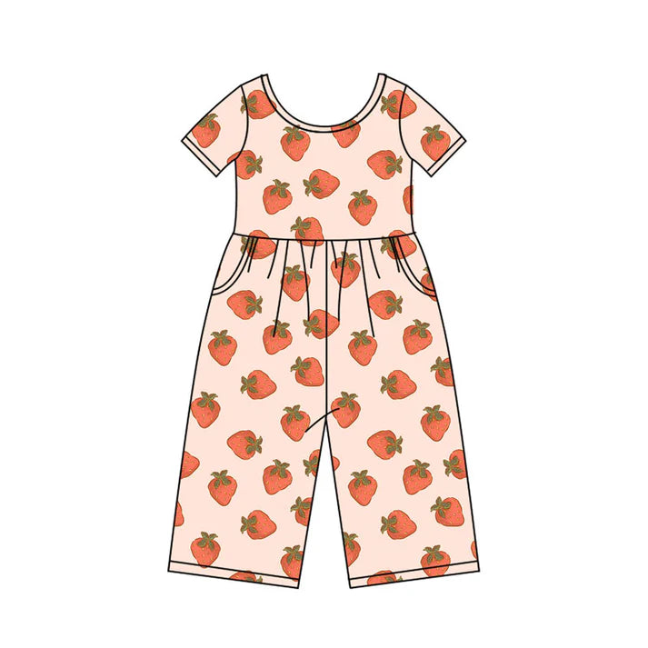 Preorder(moq 5) Baby Girls Berry Happy Strawberry Plaid Pockets Pants Jumpsuits 10.18