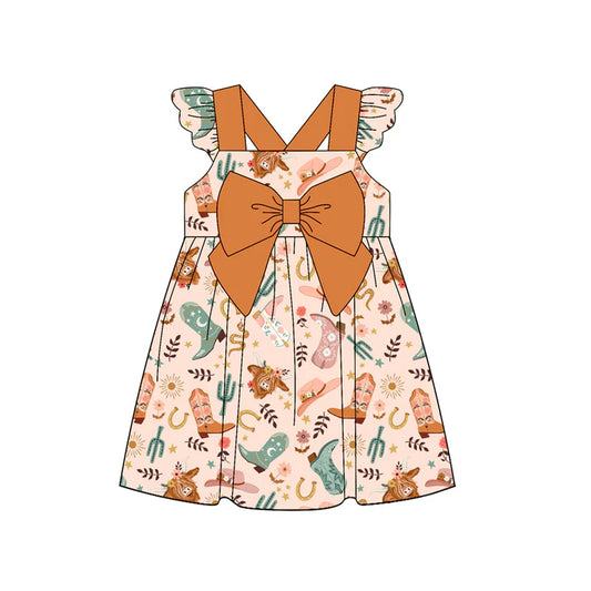 Preorder (moq 5)Baby Girls Pink Flutter Sleeves Highland Cows Boots Knee Length Dress 5.13