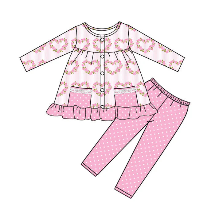 Preorder (moq 5)Baby Girls Flower Hearts Button Pockets Tunic Leggings Pant Valentine Clothes Sets 9.6