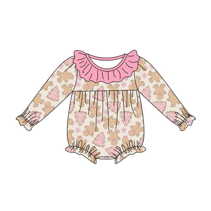 Preorder (moq 5)Baby Girls Long Sleeves Gingerbread Bows Trees Plaid Ruffle Romper 7.5