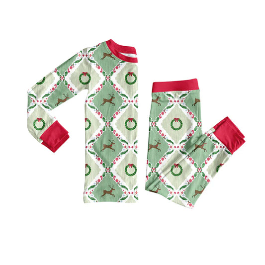 Preorder (moq 5)Baby Girls Long Sleeves Green Holly Deer Plaid Top Pant Pajamas Sets 6.10
