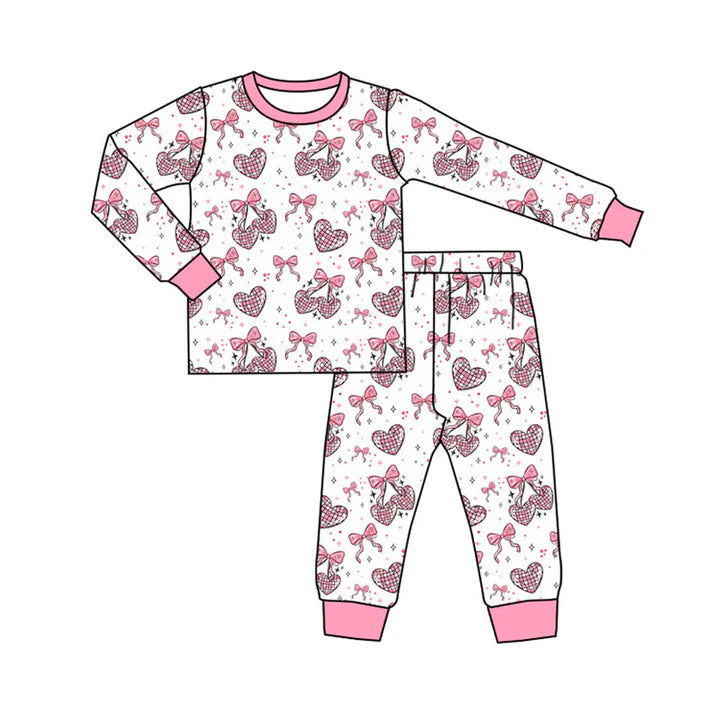 Preorder (moq 8)Baby Girls Pink Bows Hearts Top Pants Valentine Pajamas Sets 9.16