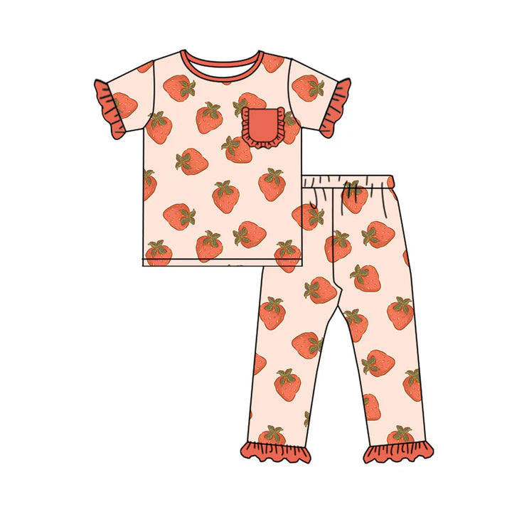 Preorder(moq 5) Baby Girls Berry Happy Strawberry Pockets Top Ruffle Pants Pajamas Sets 10.18
