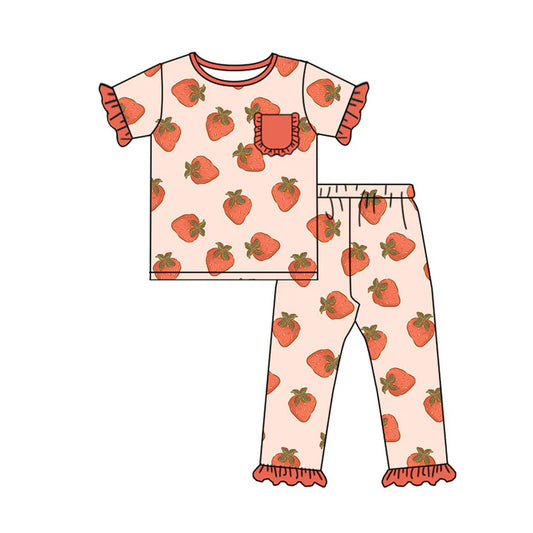 Preorder(moq 5) Baby Girls Berry Happy Strawberry Pockets Top Ruffle Pants Pajamas Sets 10.18