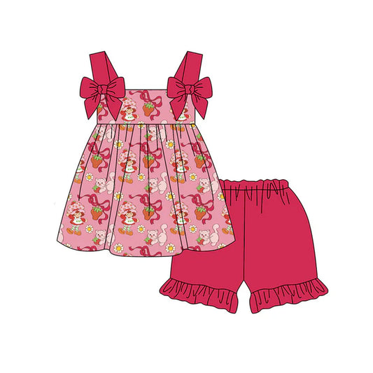 Preorder (moq 5)Baby Strawberry Girls Bows Flowers Strap Tunic Ruffle Shorts Clothes Sets 11.20