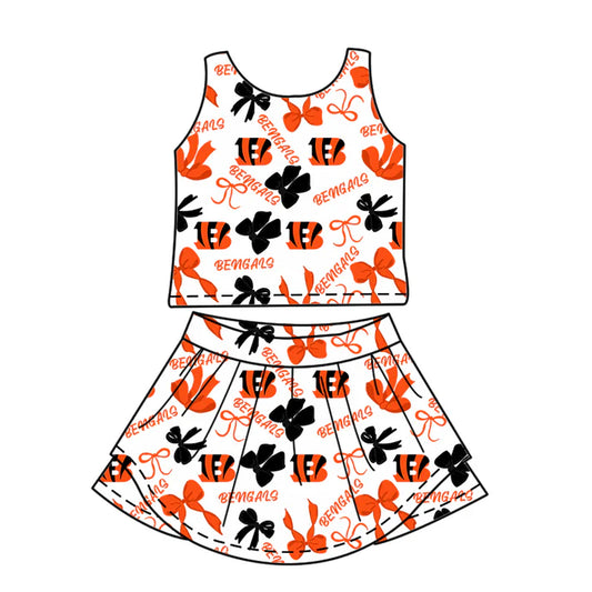 Preorder (moq 5)Baby Girls Red Short Sleeves Bengals Bows Plaid Top Skorts Team Set 6.30