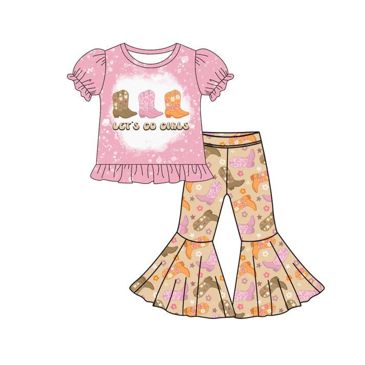 Preorder(moq 5) Baby Girls Boots Let's Go Top Bell Bottom Pants Western Clothes Sets 10.14