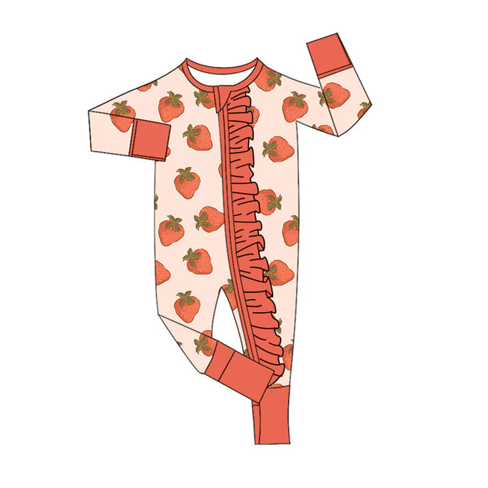 Preorder (moq 5)Baby Girls Berry Happy Strawberry Ruffle Zipper Footie Rompers 10.18