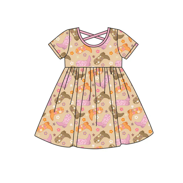 Preorder(moq 5) Baby Girls Boots Flowers Stars Western Knee Length Dresses 10.14