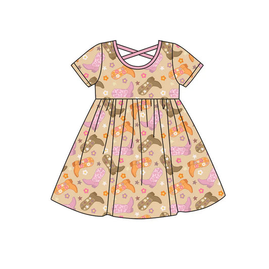 Preorder(moq 5) Baby Girls Boots Flowers Stars Western Knee Length Dresses 10.14