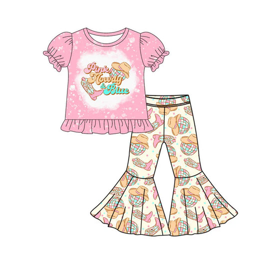 Preorder(moq 5) Baby Girls Pink Howdy Hat Boots Top Bell Bottom Pant Western Clothes Sets 10.18