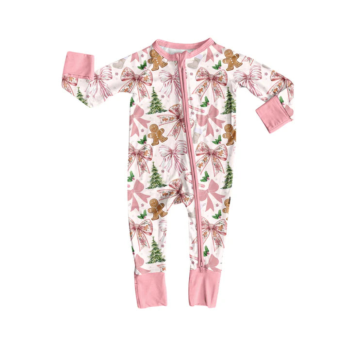 Preorder (moq 5)Baby Girls Long Sleeves Pink Bows Trees Gingerbread Zipper Romper 7.5